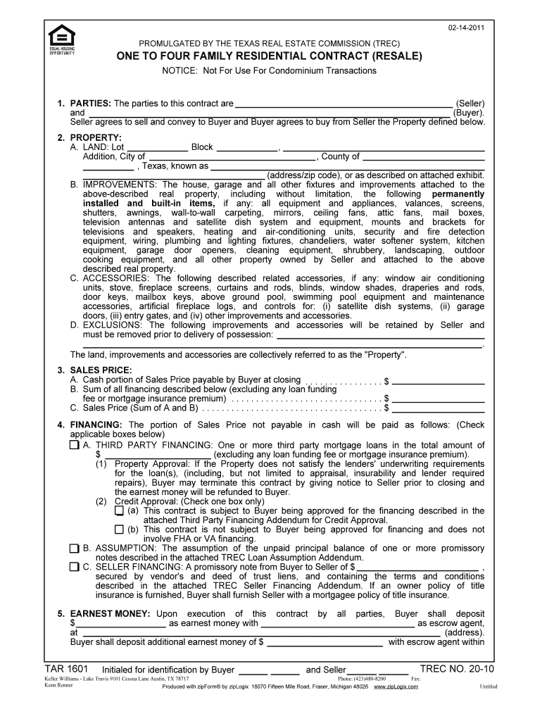  One to Four Family Residential Contract Resale  TREC  Texas 2011-2024