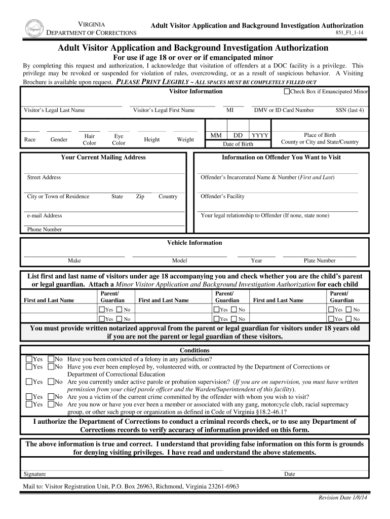 Va Dept of Corrections Visitation Application 2014-2022: get and sign the form in seconds