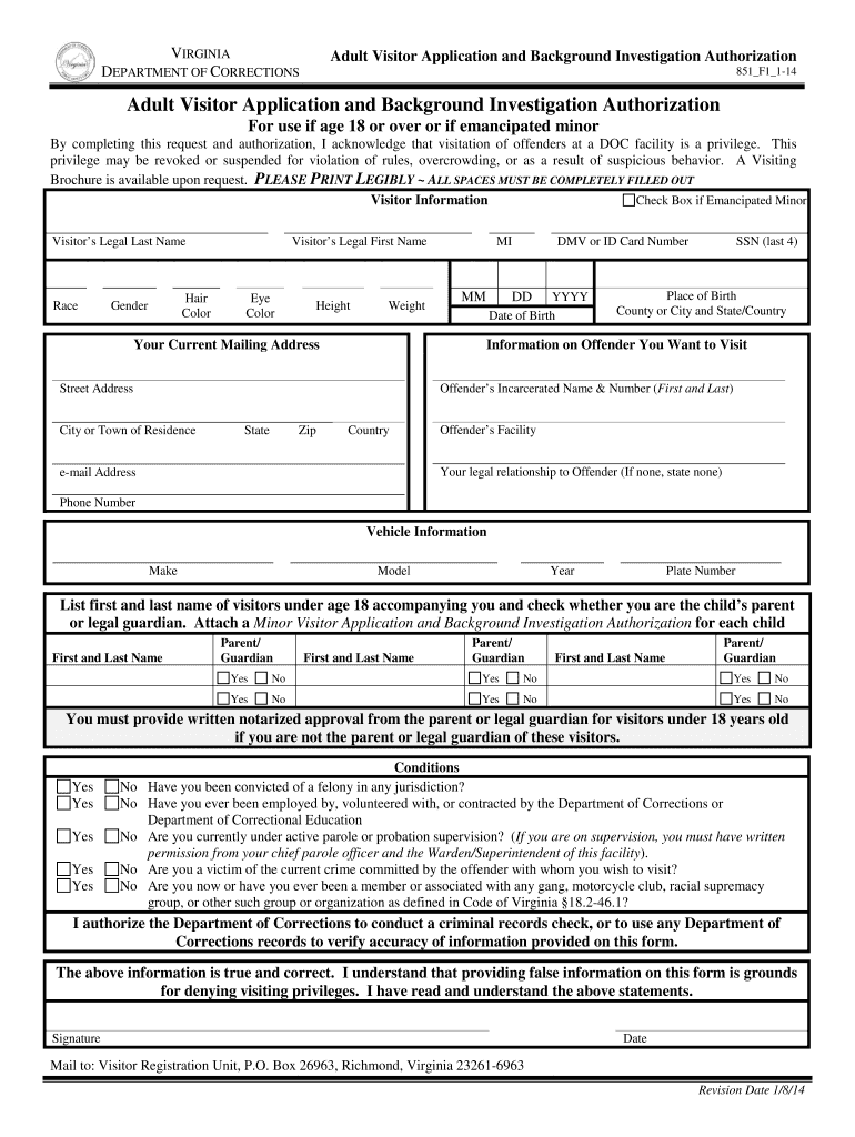  Va Dept of Corrections Visitation Application 2014-2024