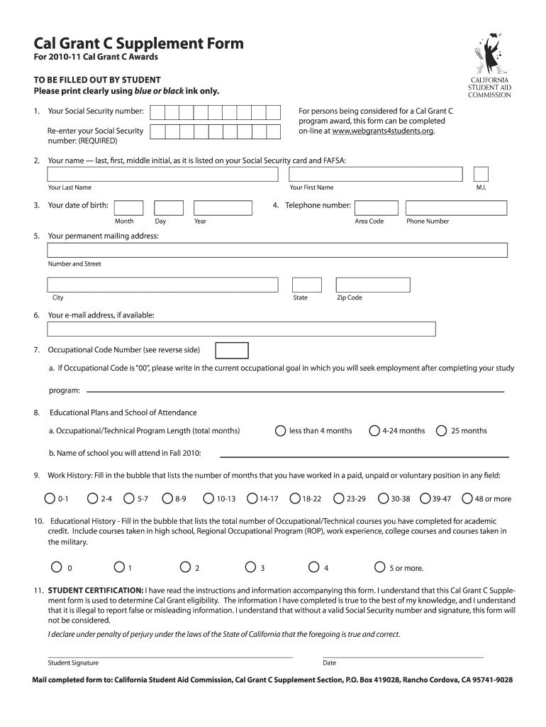  Cal Grant C Supplement Form Print Out 2012