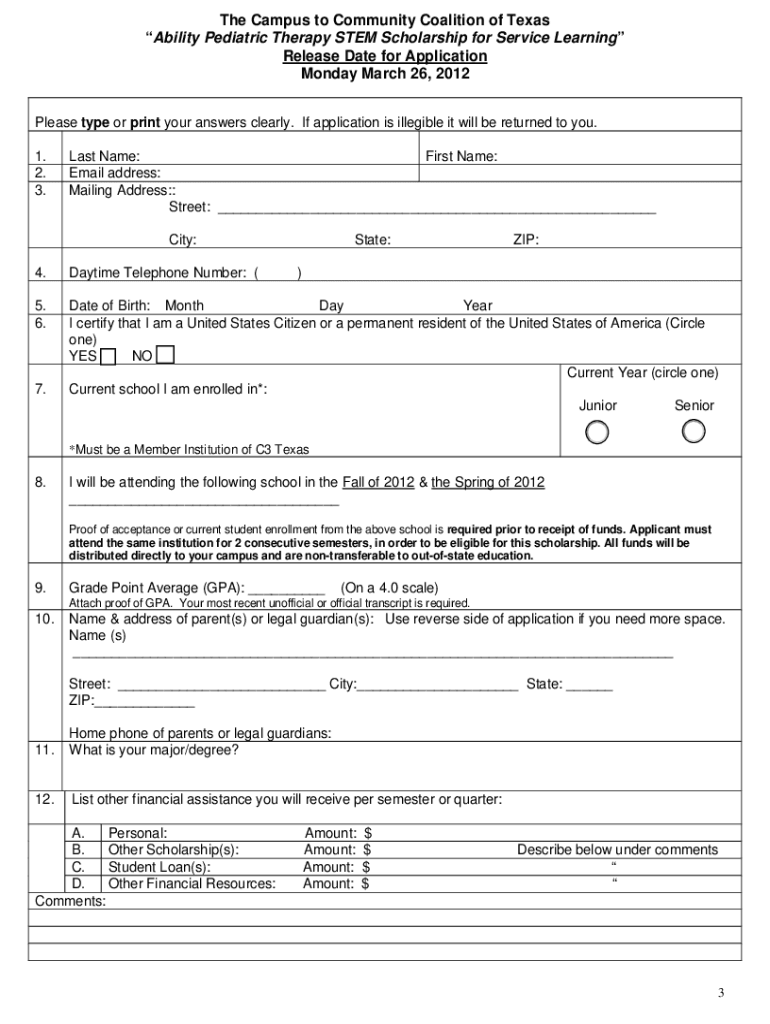  Scholarship Application Template 2012-2024