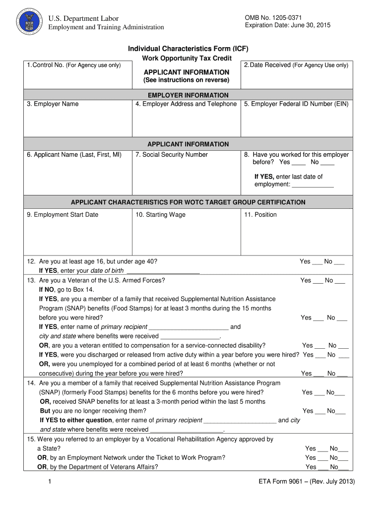  ETA Form 9061 Employment & Training Administration 2016