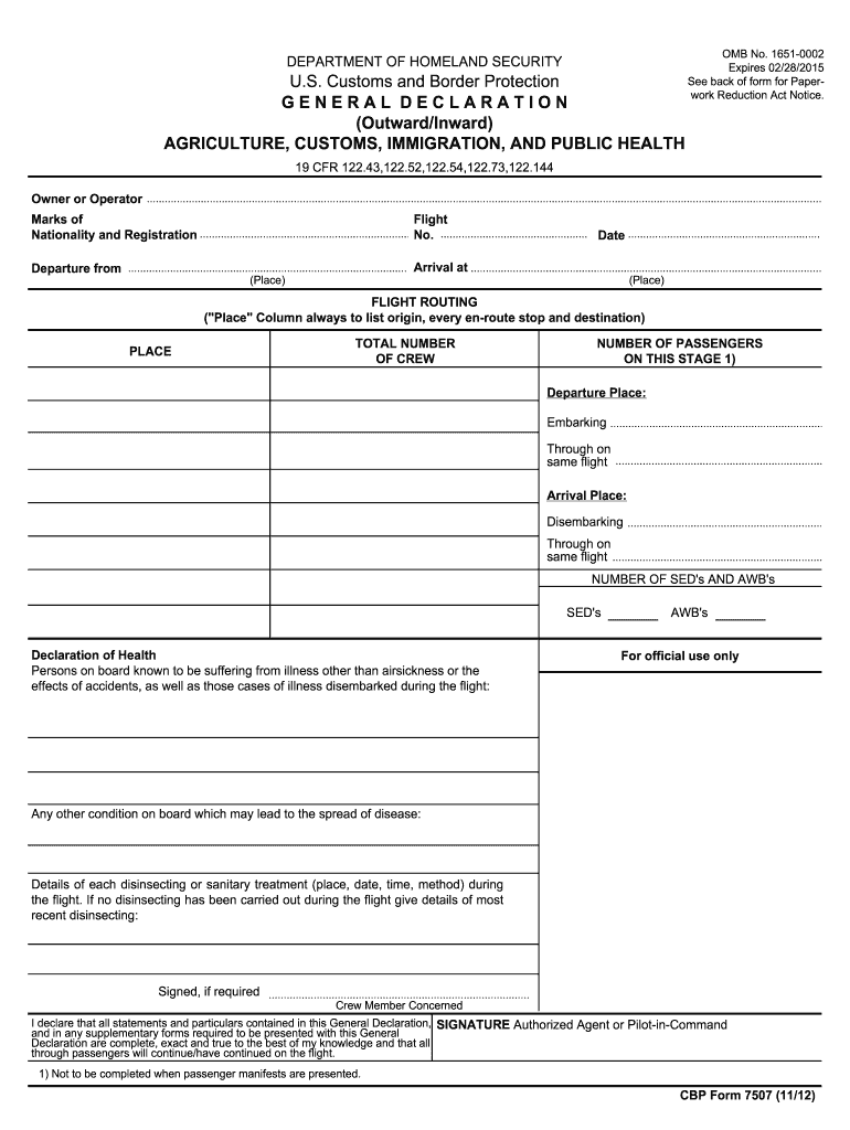  Form 7507  General Declaration Agriculture, Customs, Immigration 2012