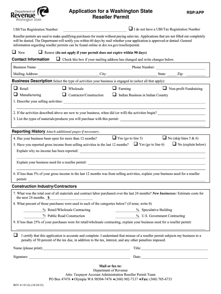 Get and Sign Washington State Reseller Permit Application Form 2013-2022
