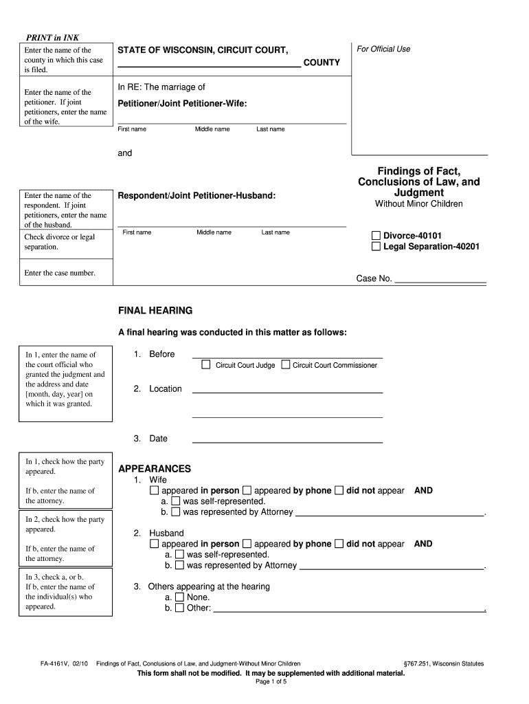  Wisconsin Fill in Findings of Fact Form with Minor Children 2010-2024