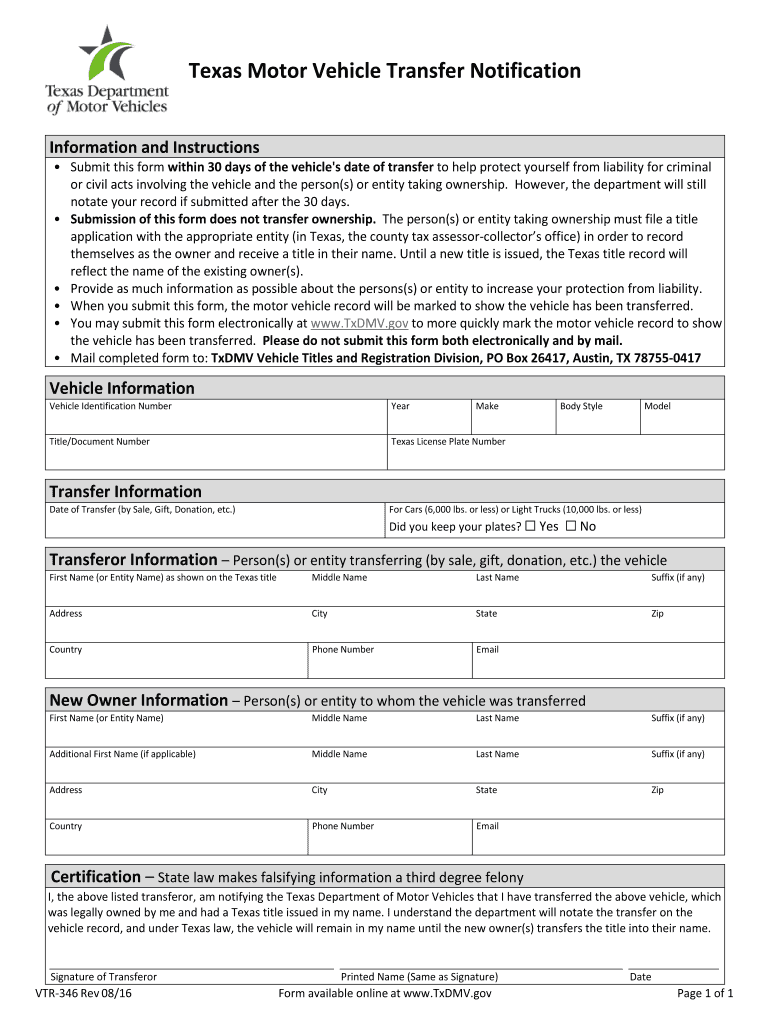  Vehicle Transfer Notification  Form 2009