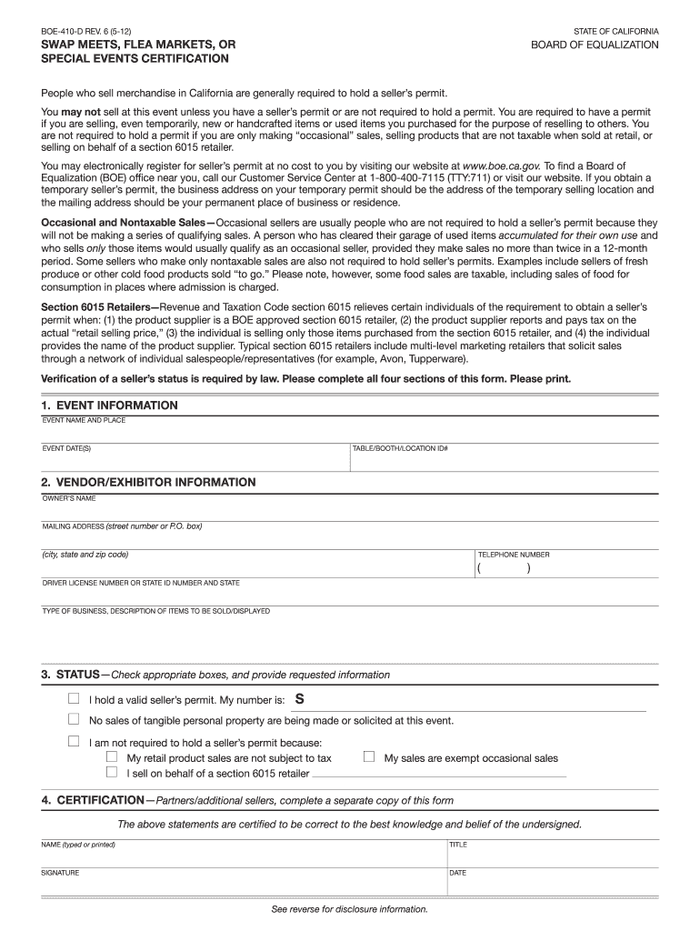  Board of Equalization Form 410 D 2012-2024