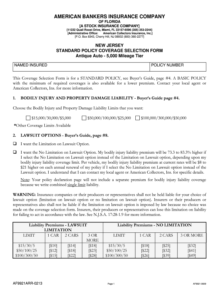  New Jersey Standard Policy Coverage Selection Form  Antique 2013-2024