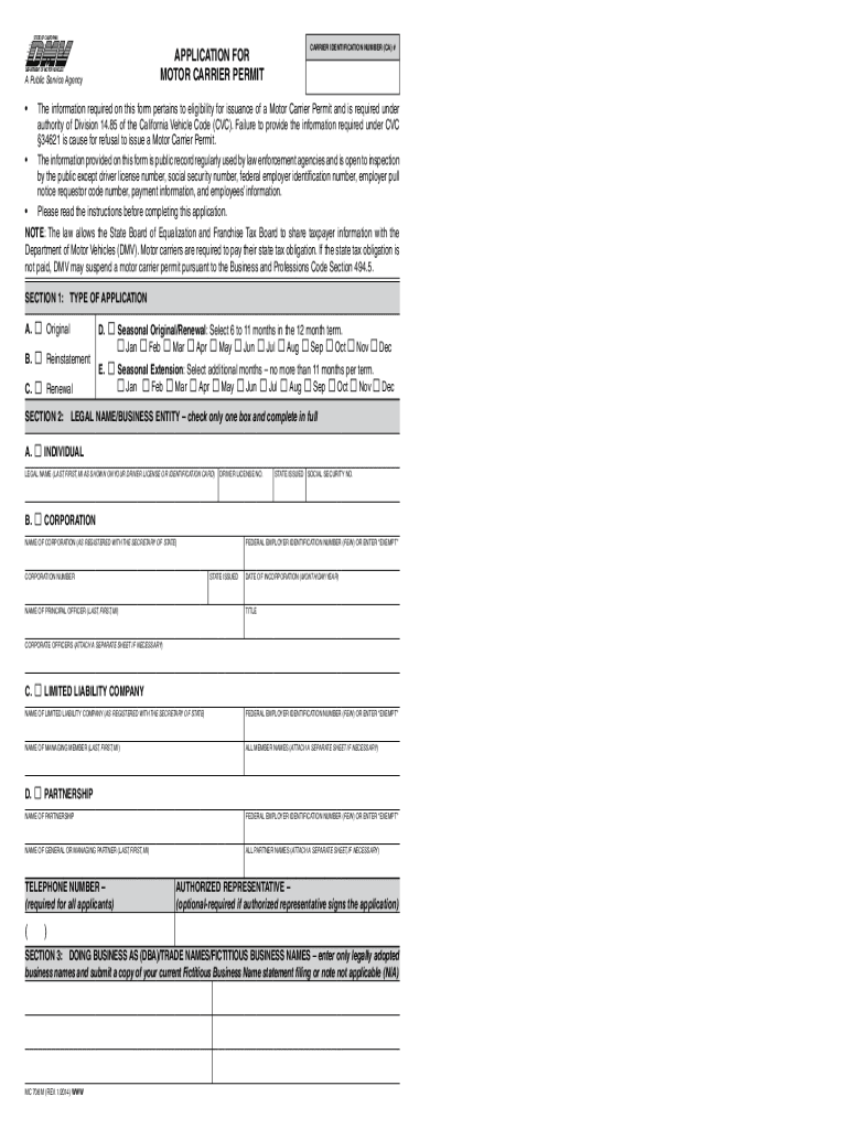  Motor Carrier Permit Application 2014-2024