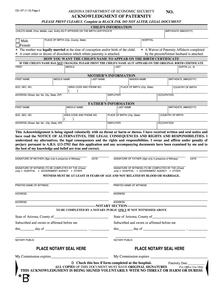 Get and Sign Acknowledgement of Paternity Az 2013-2022 Form