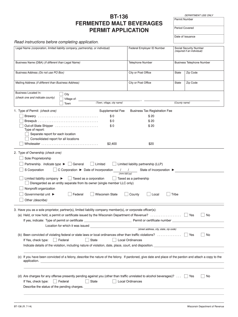  July BT 136 Fermented Malt Beverages Permit Application  Revenue Wi 2014