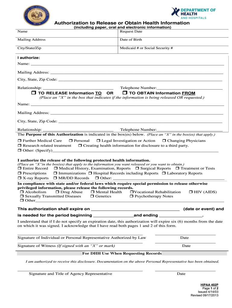 Louisiana HIPAA Form 2013
