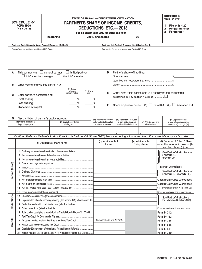  Schedule K 1, Form N 20, Rev , Partner&#39;s Share    Hawaii Gov 2013