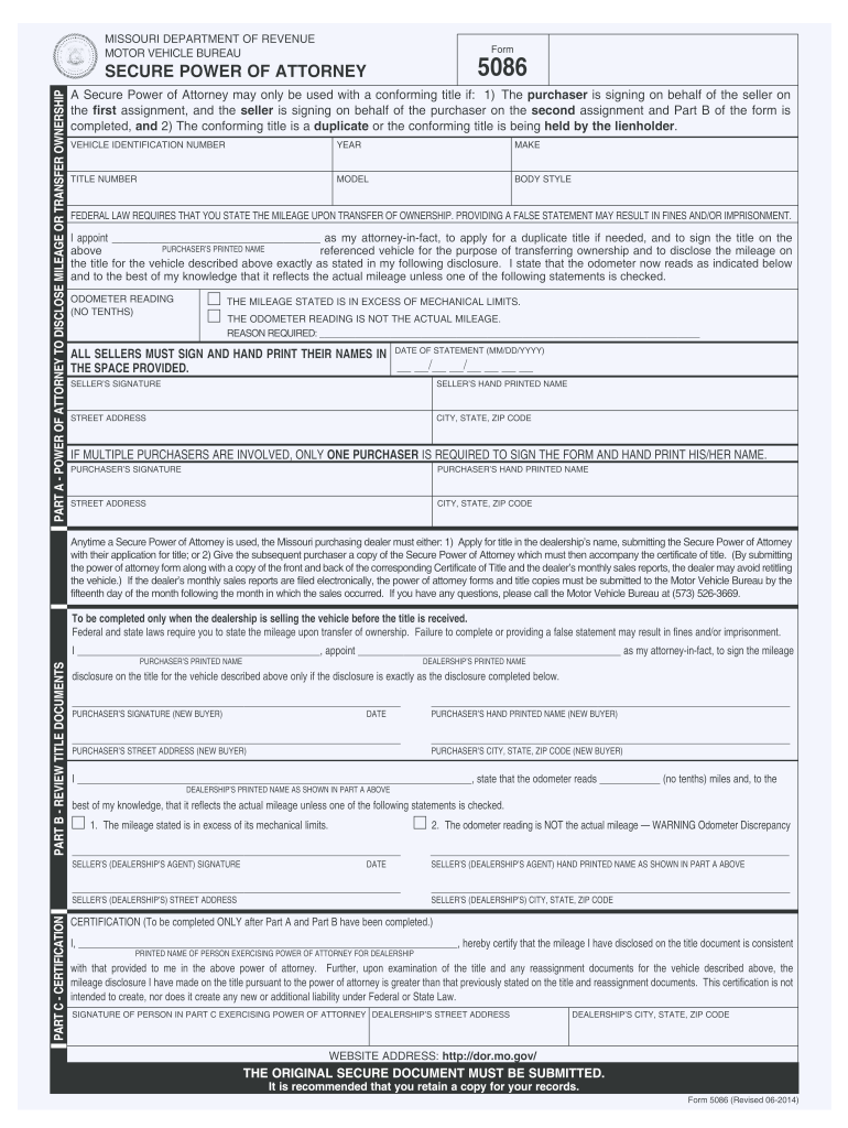  Missouri Power of Attorney Form 5086 2014-2024