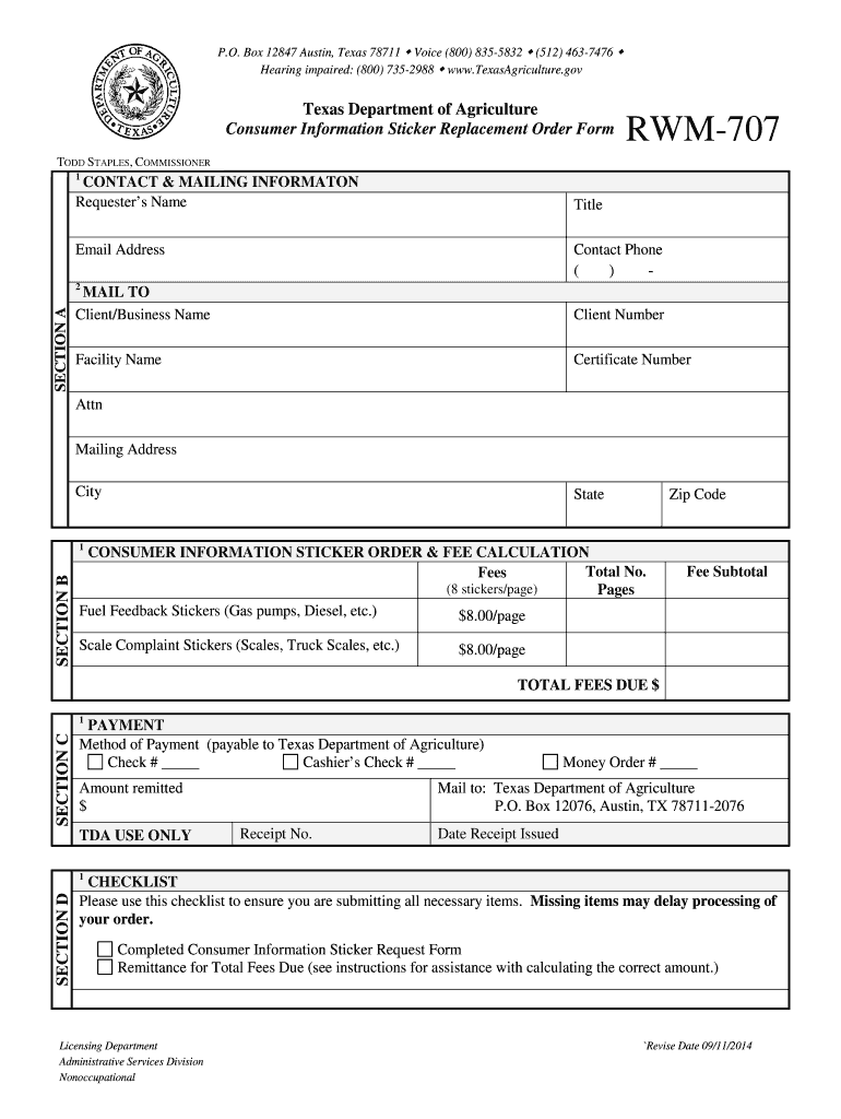  Texas Form Rwm 707 2014