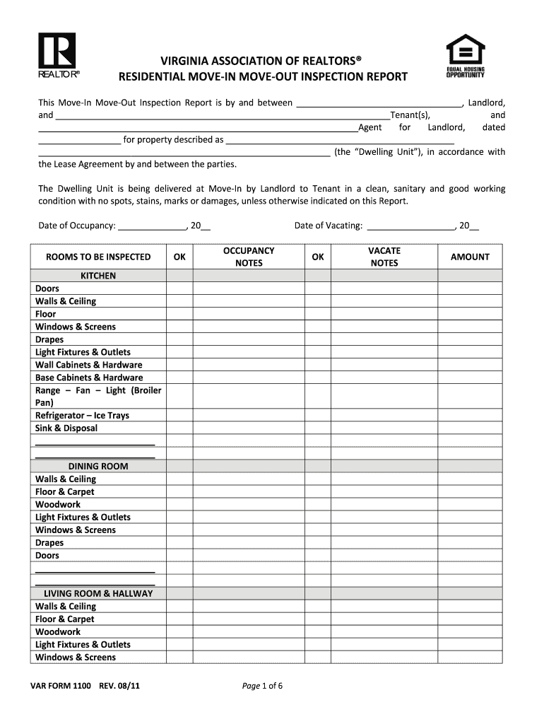 Virginia Association of Realtors Residential Move in Move Out Inspection Report  Form