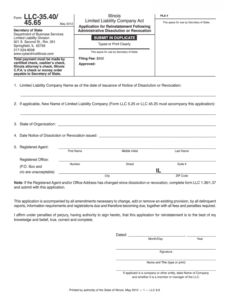  Reinstatement Form for the State of Il to Do Business 2012-2024