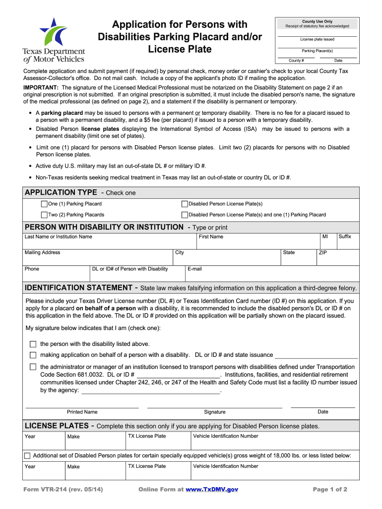  Handicap Parking Tx  Form 2014