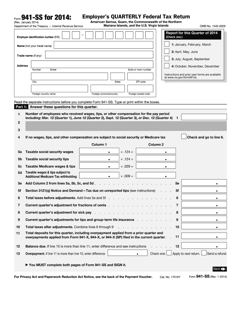  About Form 941 SS, Employer's Quarterly Federal Tax IRS Gov 2014