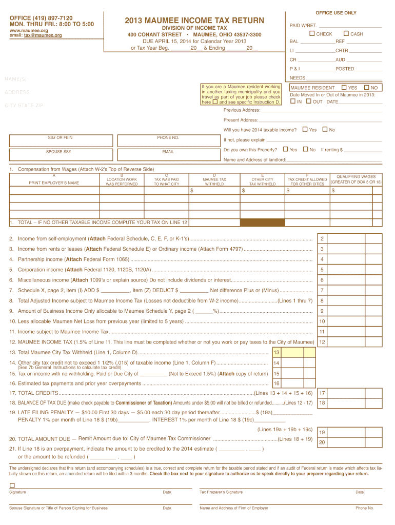  Tax Maumee Income  Form 2013