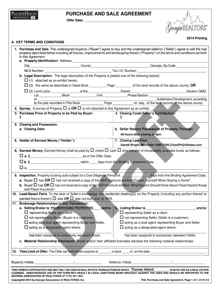 F201 Purchase and Sale Agreement  Form