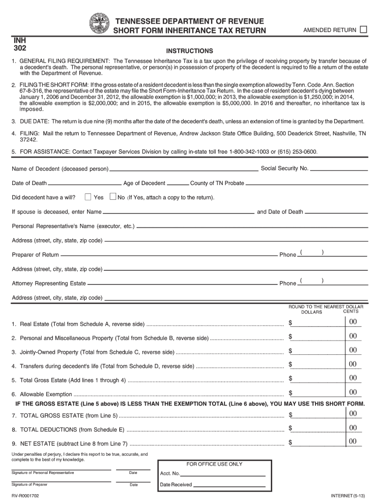  Form 302 Tn Inheritance Tax 2015
