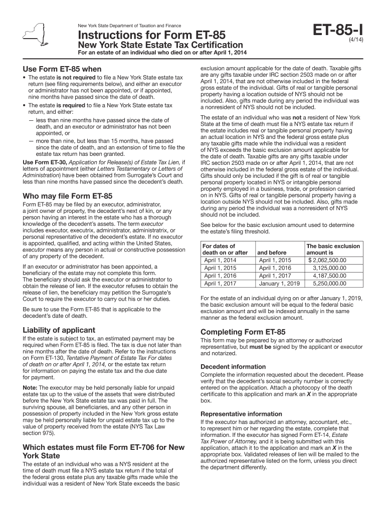  Estate Tax Forms and Instructions  Department of Taxation and Finance 2014