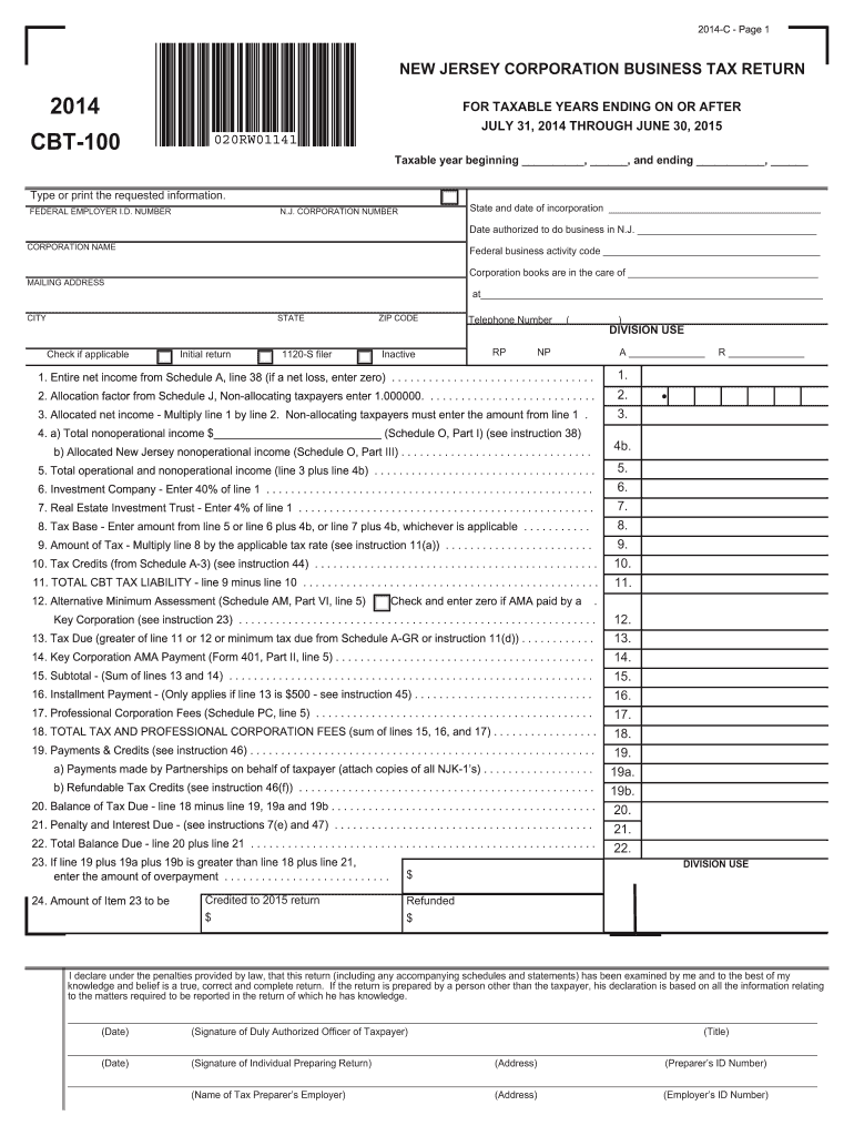 Get and Sign CBT 100 New Jersey Corporation Business Tax Return NJ Gov 2018-2022 Form
