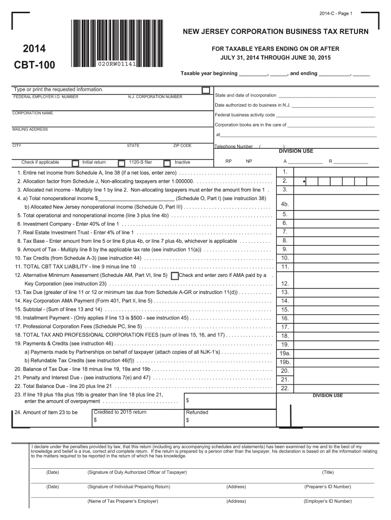  CBT 100 New Jersey Corporation Business Tax Return NJ Gov 2018