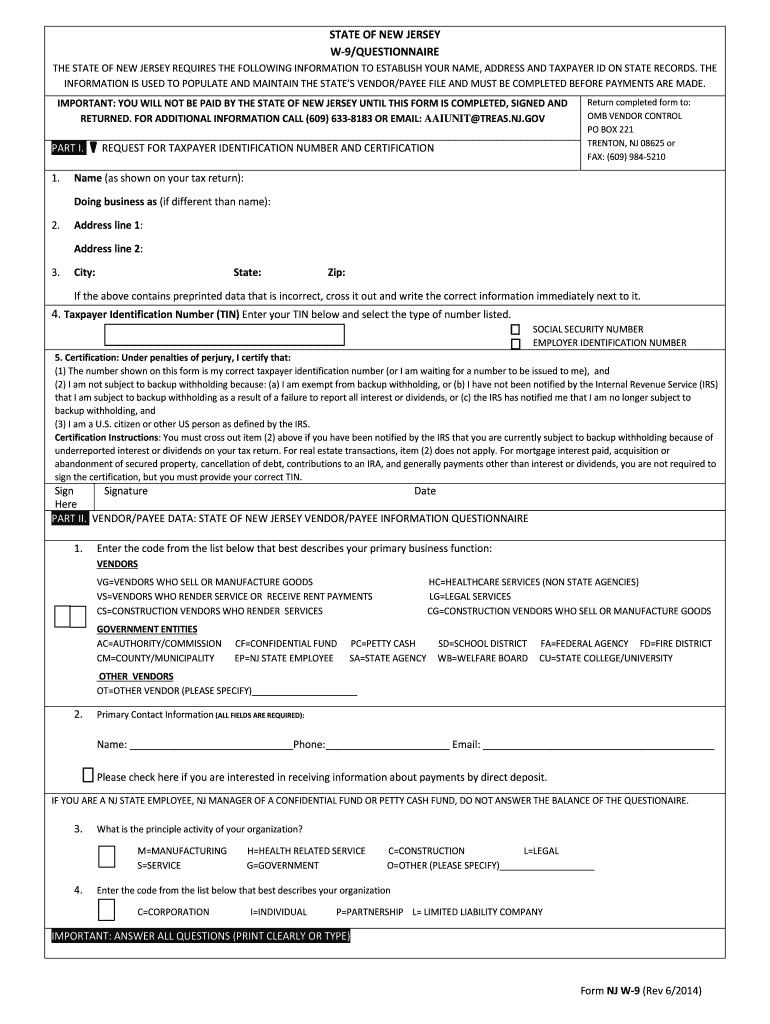  Vendor Contract Compliance Forms  State of NJ 2014