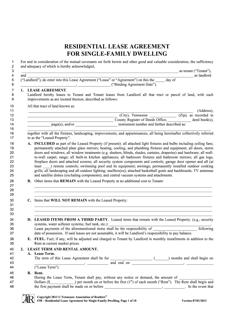 Tennessee Residential Lease Agreement for Single Family Dwelling  Form