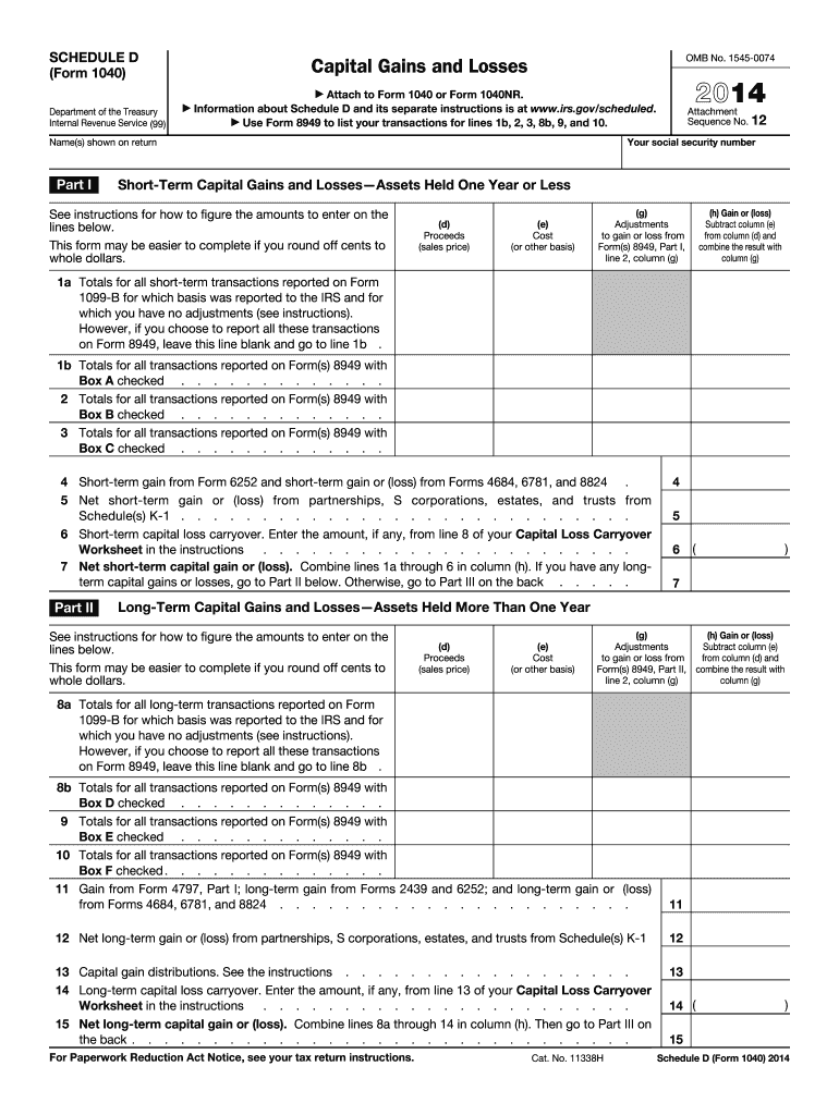  Form 1040 Schedule D 2014