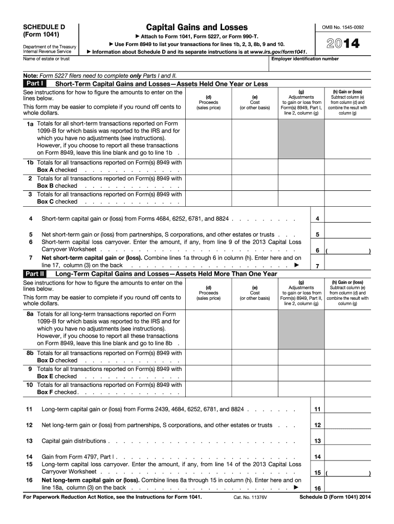  Instructions for Schedule D Form 1041 Internal Revenue 2014
