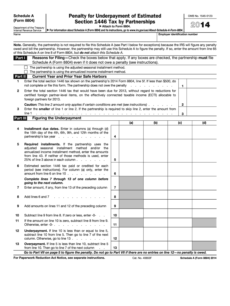  Form 8804 Schedule a Penalty for Underpayment of Estimated Section 1446 Tax by Partnerships 2014