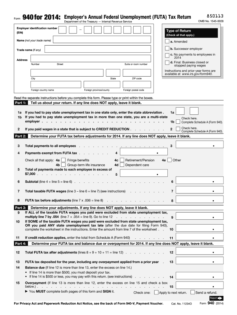  Irs Form 940 for 2014