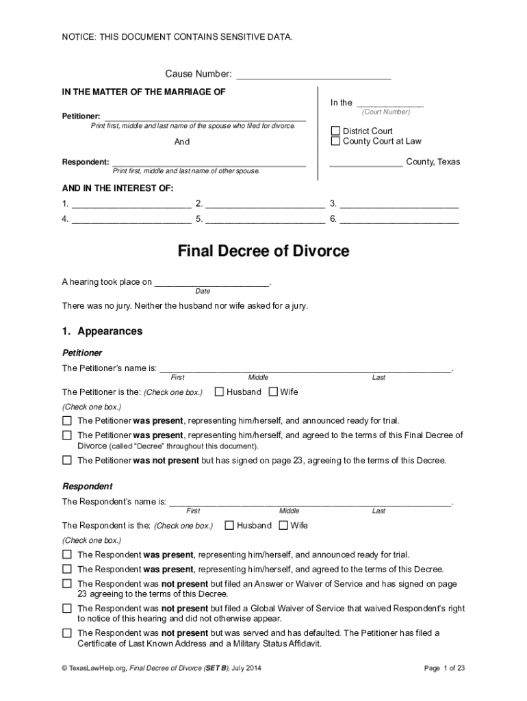  Final Divorce Decree Texas 2014-2024