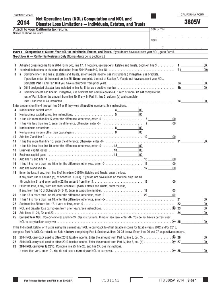  Form 3805V Net Operating Loss NOL Computation and NOL and Disaster Loss LimitationsIndividuals, Estates, and Trusts 2019