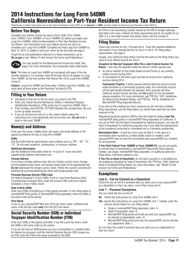  California 540nr Instructions Form 2014