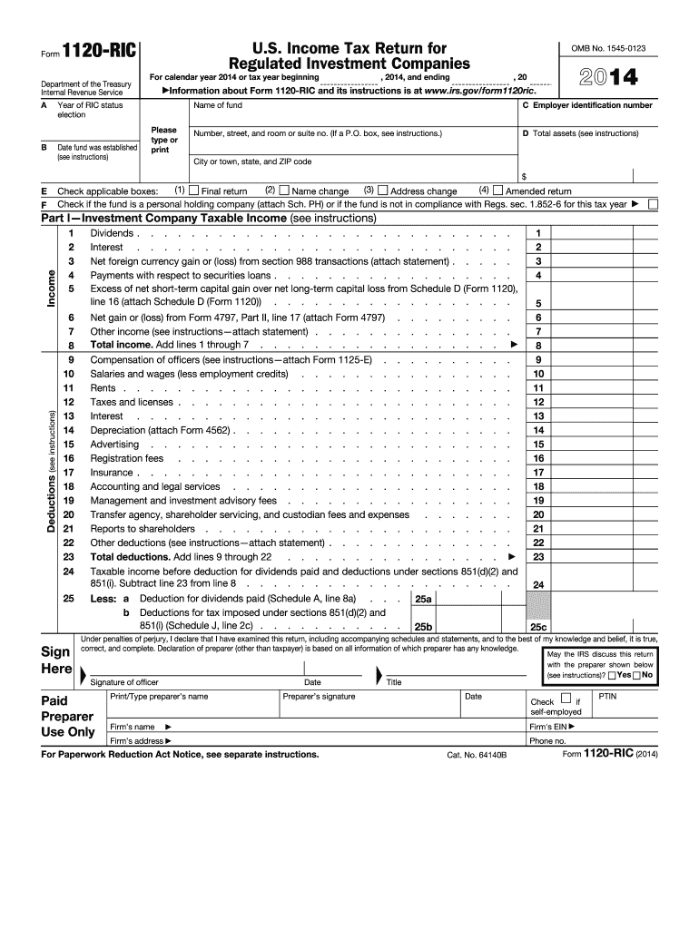  Instructions for Form 1120 RIC, U S Income Tax Return for    IRS Gov 2014