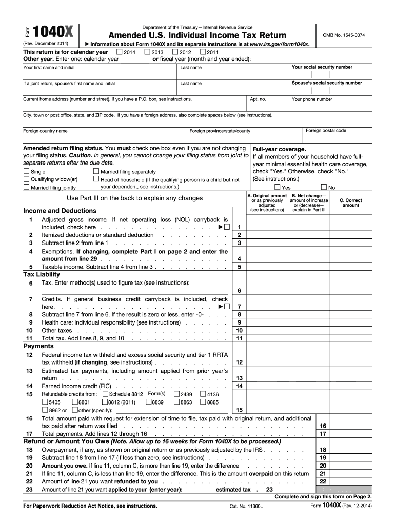  1040x Form 2014