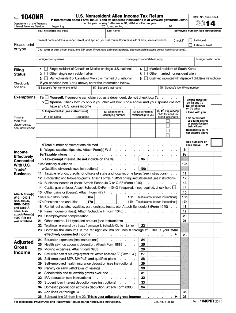  Form 1040 Nr 2014