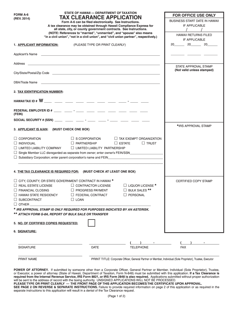  Hawaii Form a 6 Tax 2014