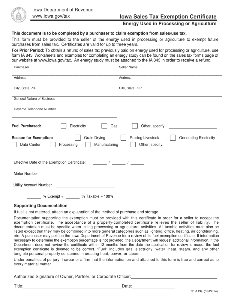  Iowa Sales Tax Exemption Certificate Energy Used in Processing or 2014