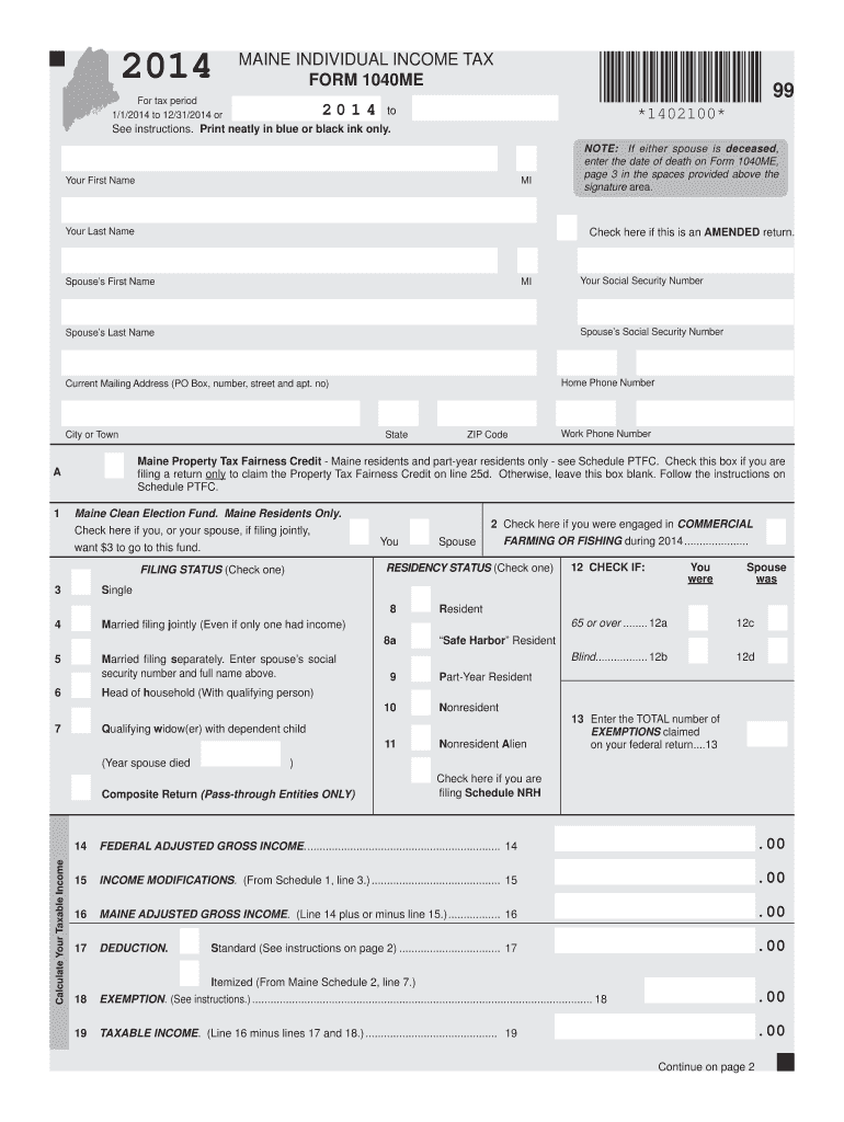  MAINE INDIVIDUAL INCOME TAX FORM 1040ME 2 0 1 4 Maine Gov 2020