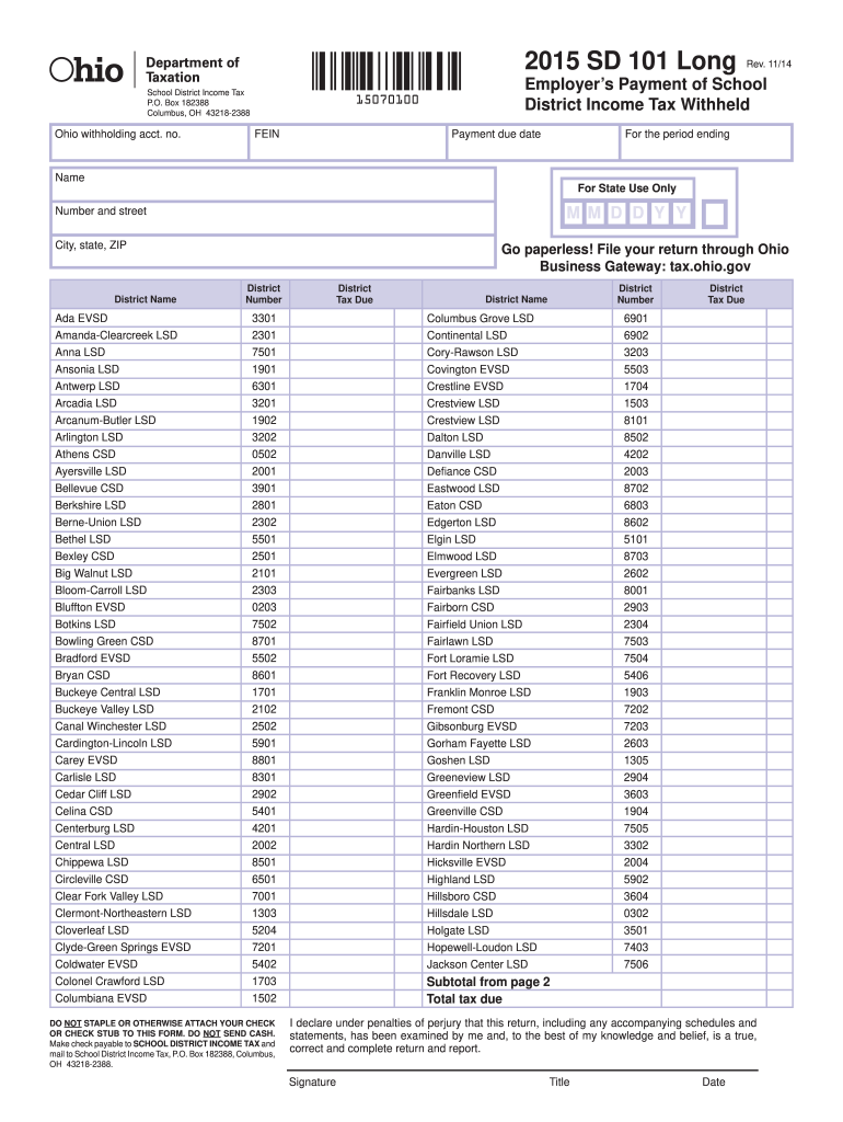  Ohio Form Sd 101 2015