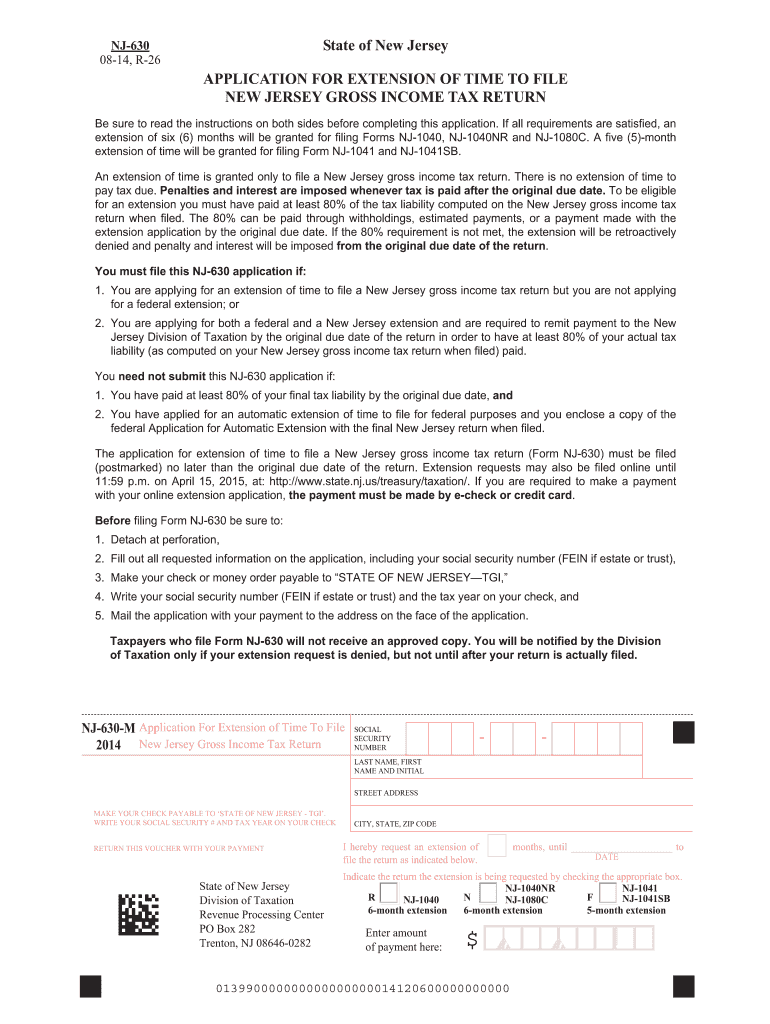  NJ Form 630 Application for Extension of Time to File NJ Gross 2014