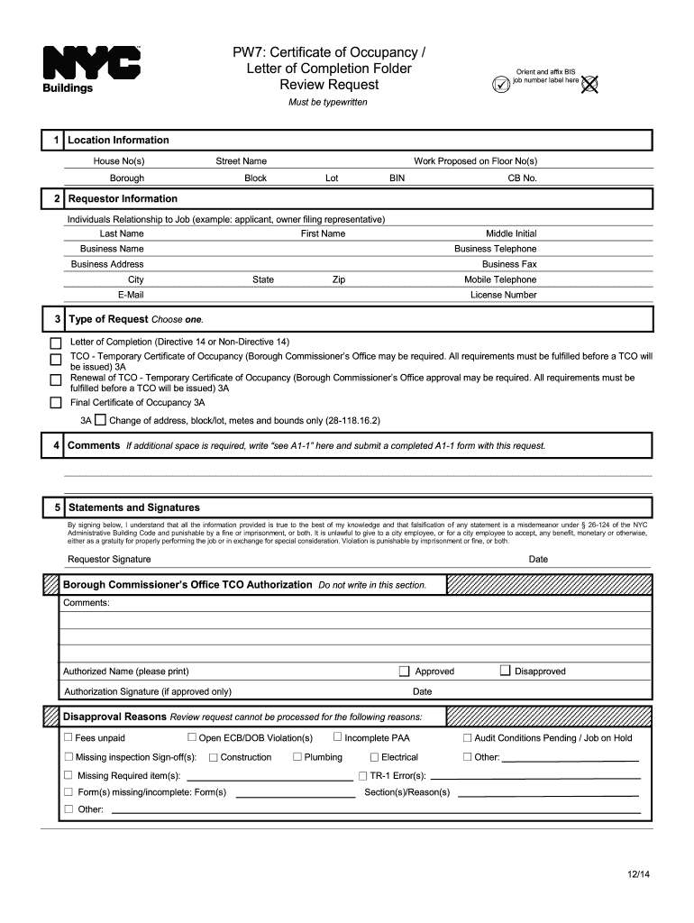  Nyc Form Certificate Occupancy 2014-2024