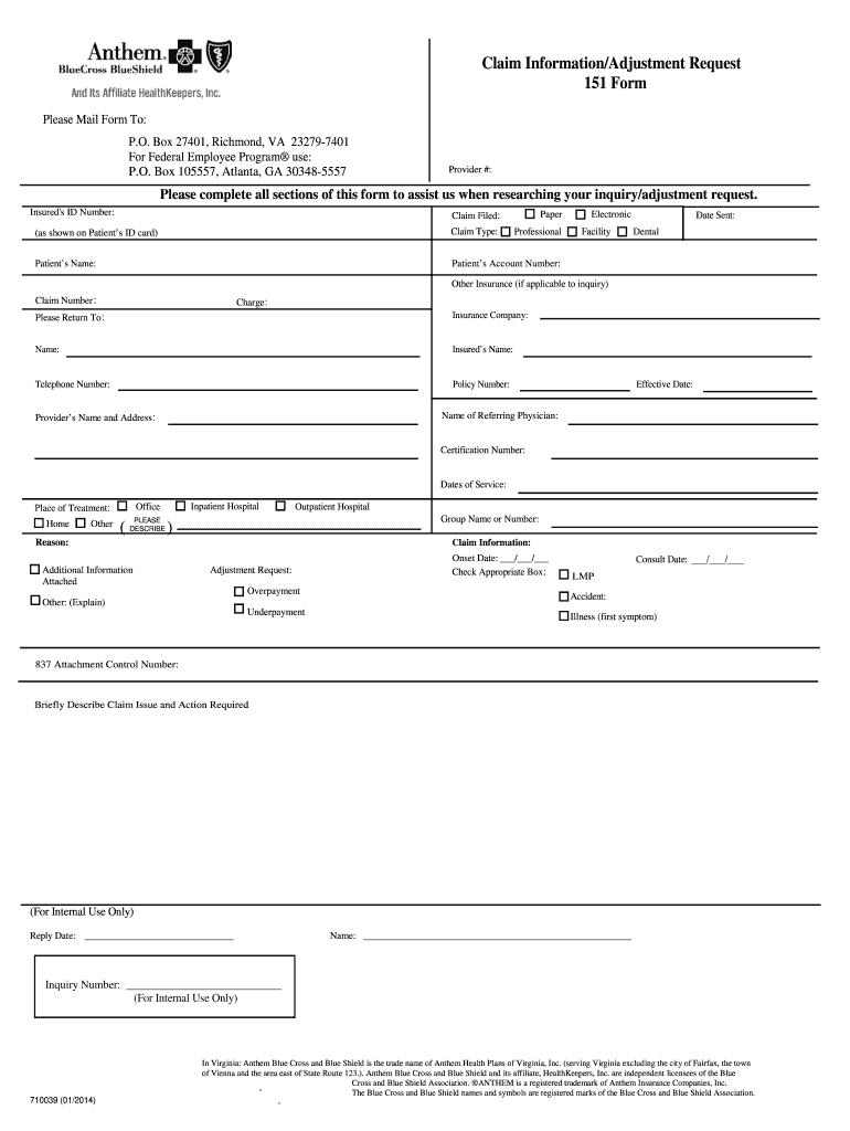  Anthem 151 Form 2014-2024