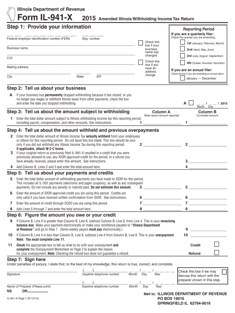 IL 941 X, Amended Illinois Withholding Tax Return Fill Out and