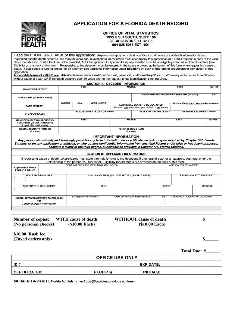  Death Certificate Florida 2013-2024